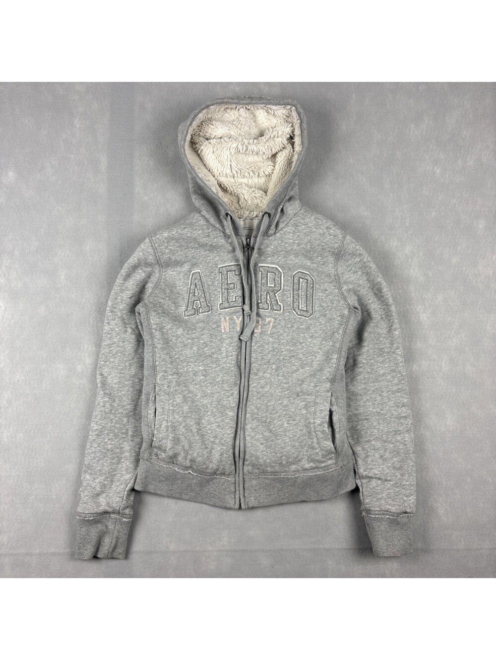 Aeropostale Fur Lined Hoodie Women’s Medium Y2K Full Zip Gray Glitter Logo